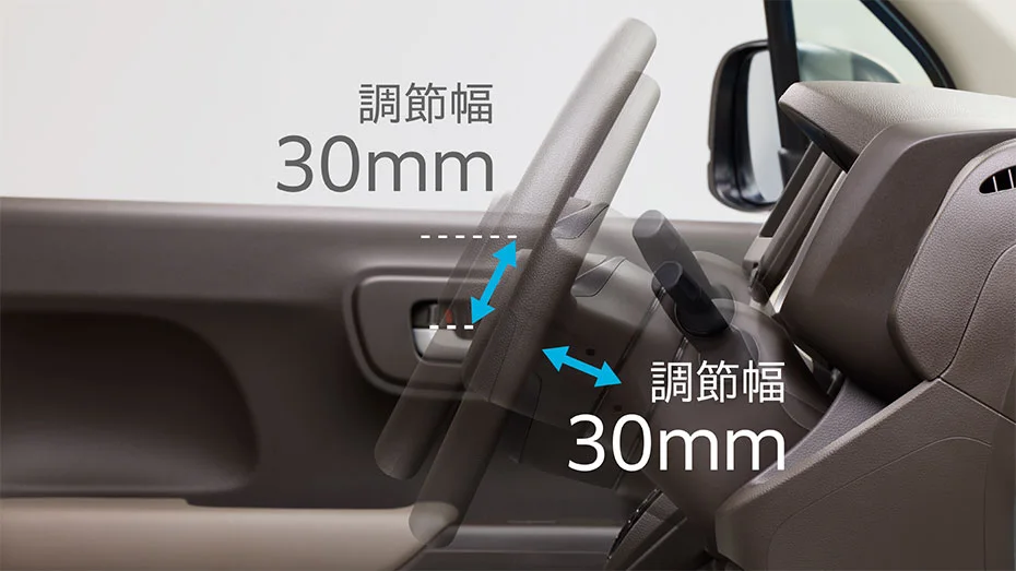 ホンダ N-WGNカスタム テレスコピック&チルトステアリングの調整イメージ。