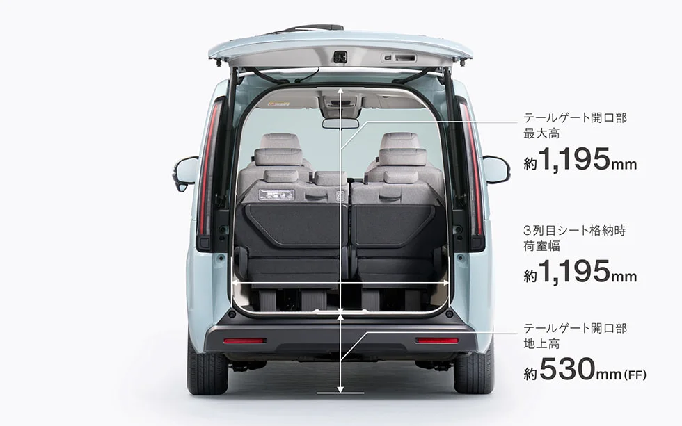 ホンダ ステップワゴン 3列目シートを床下に格納した状態の荷室(数値はホンダ公式サイトの表記)。