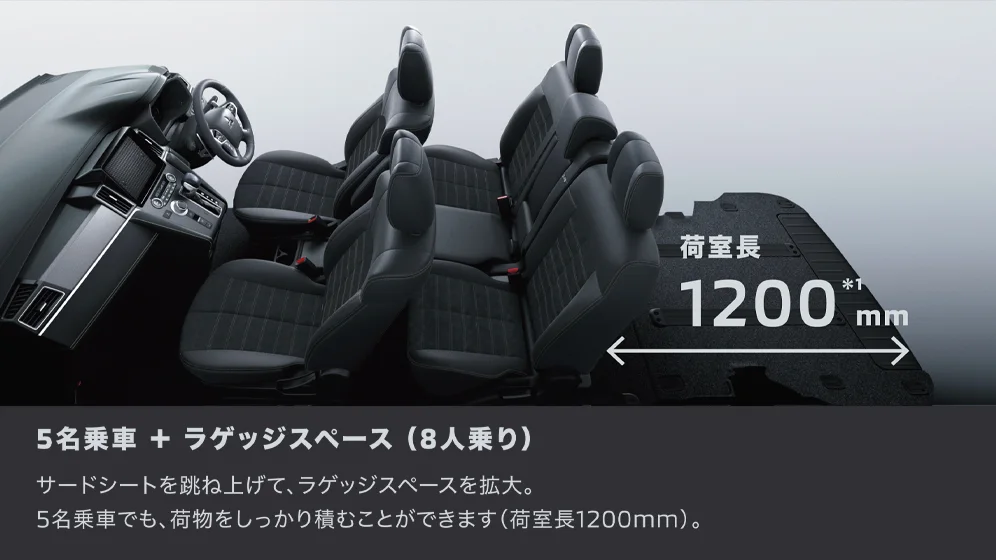 三菱 デリカD:5 サードシートを跳ね上げてラゲッジスペースを拡大すれば、5名乗車でも荷物をしっかり積めます(8人乗り)。