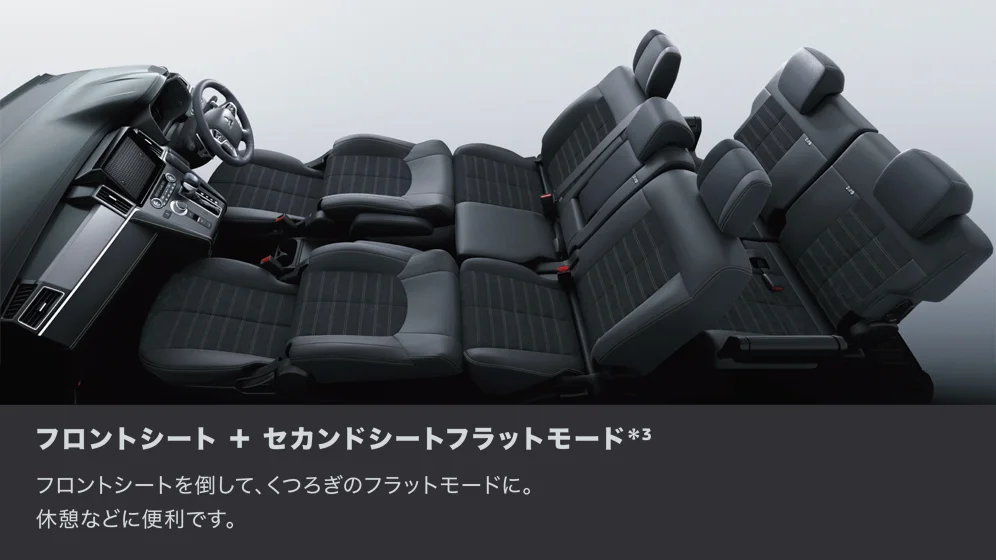 三菱 デリカD:5 フロントシートを倒してセカンドシートとつなげると、くつろぎのフラットモードになります(停車時のみ使用)。