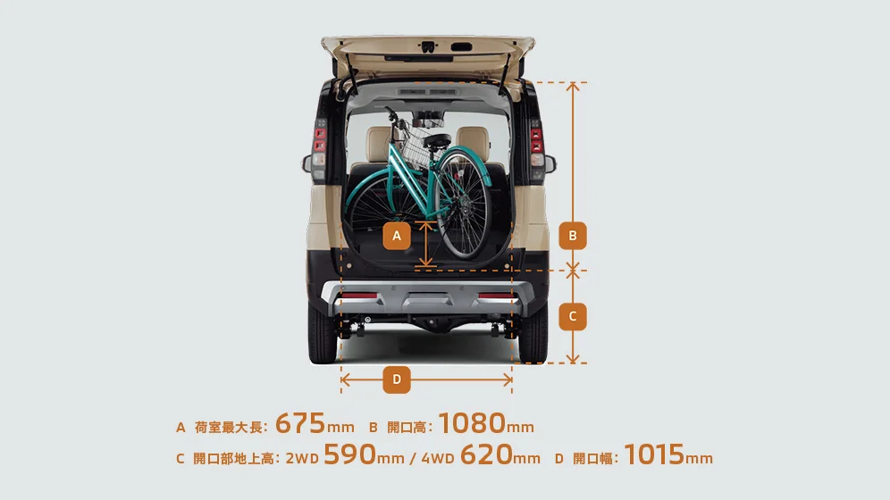 三菱 デリカミニ 間口が大きく、後席を倒せば27インチの自転車も積載できるラゲッジルームです（自転車の形状によっては積載できない場合があります）。