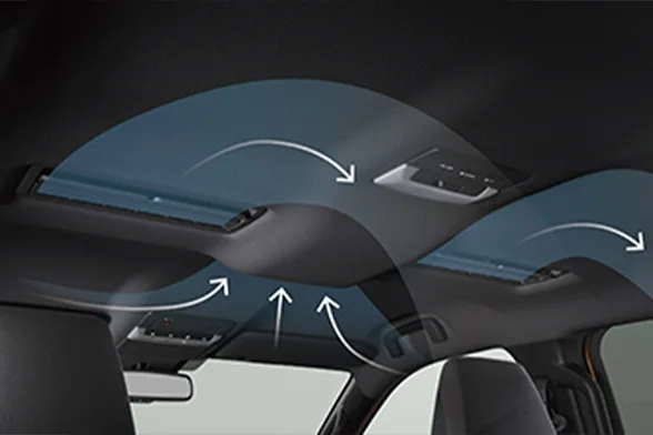 三菱 トライトン 天井のリヤサーキュレーターで車内の空気を循環させるイメージ。