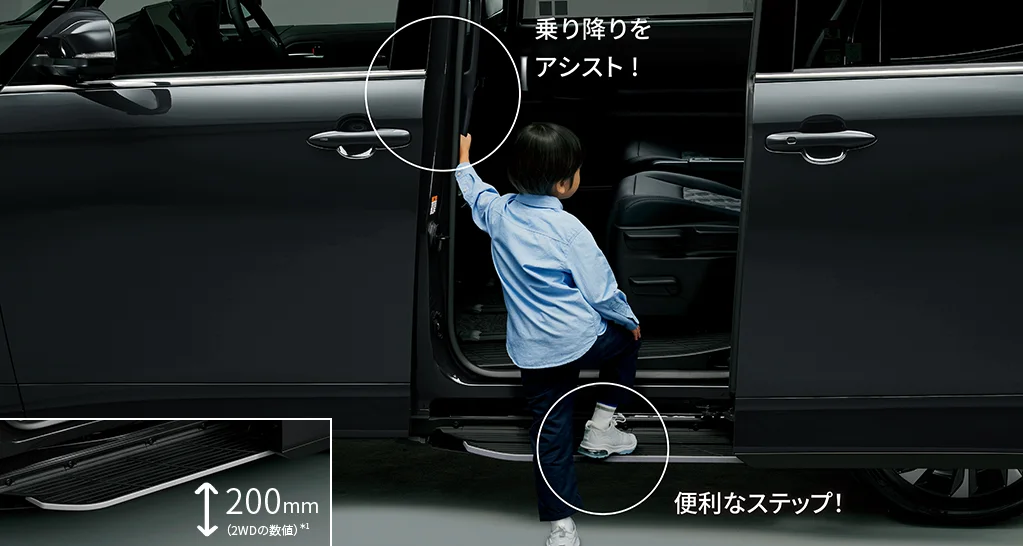 トヨタ ヴォクシー 助手席側のユニバーサルステップ(メーカーオプション)と、センターピラーのロングアシストグリップです。