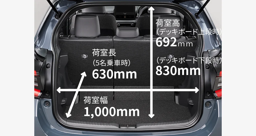 トヨタ ヤリス 5名乗車時のラゲージスペース。公式サイトに寸法が示されています。